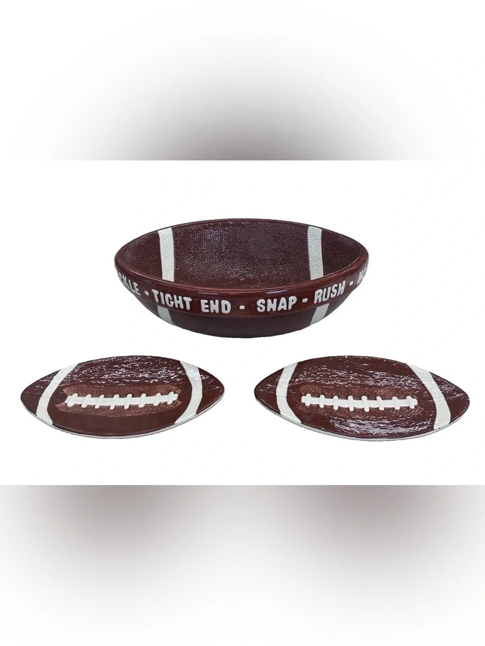 Boston Warehouse 3Pc Ceramic Football Chip Bowl & Plates Set Game Day / Tailgate
